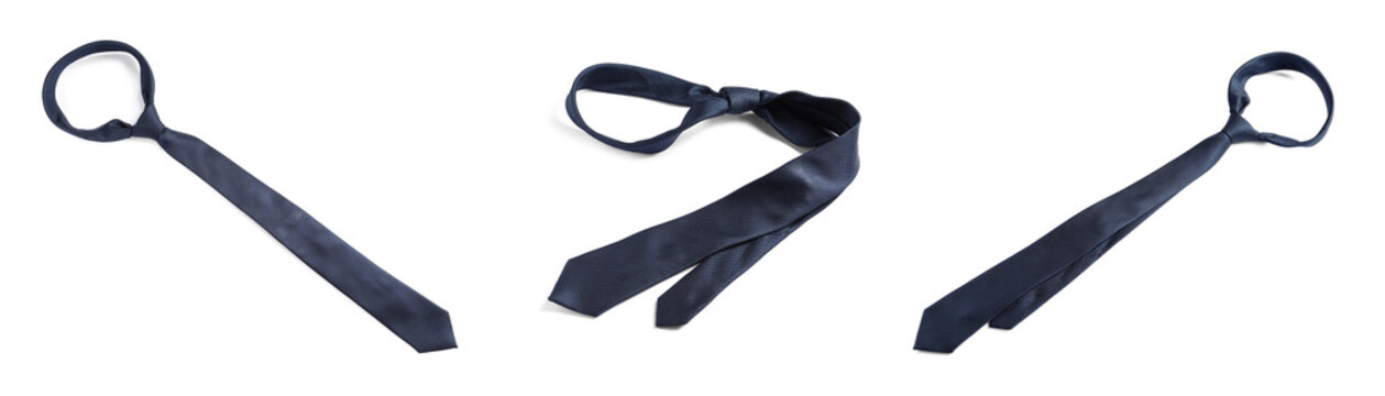 Dark blue tie isolated on white, collage. Stylish accessory