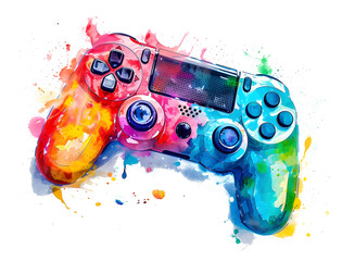 Gamepad in watercolor design, isolated on transparent background, video gaming concept, realistic illustration, generative ai
