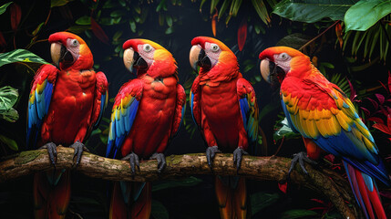 Against a backdrop of tropical foliage, Scarlet Macaws display their vibrant colors as they perch on a branch, their presence captured in exquisite detail