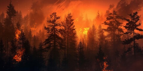 An intense wildfire engulfs a thick forest at dusk, with an unsettling orange glow behind the silhouettes of trees - obrazy, fototapety, plakaty