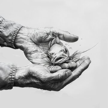 pencil sketch of the adventure of a man holding fish in his hands, minimalism, copyspace