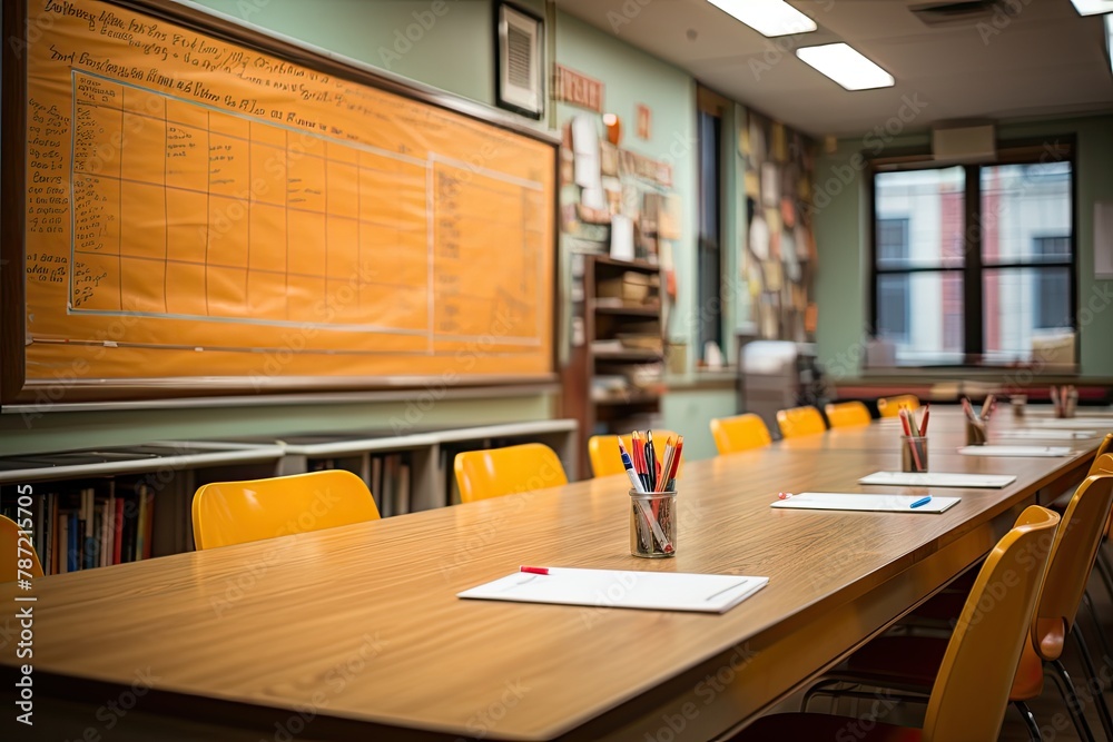 Fototapete a table with a blackboard, suitable for use in an office or a school classroom. the setting encourag