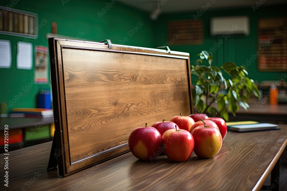 Leinwandbilder A table with a blackboard, suitable for use in an office or a school classroom. The setting encourages productivity, creativity, and collaboration in various environments, Generative AI.