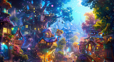 A whimsical fairy city nestled in an enchanted forest, with colorful trees and sparkling lights. The scene includes friendly fairies flying around the fantasy town surrounded by magical creatures