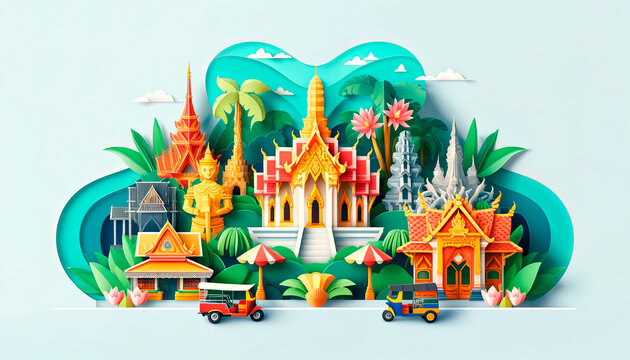 Colorful paper art capturing Thailand’s spirit, showcasing temples, tuk-tuks, and flora, great for travel and real estate in Thailand.
