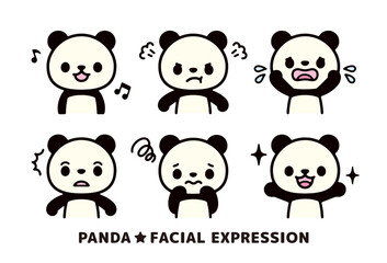 Set of facial expression illustrations of cute panda characters facing forward