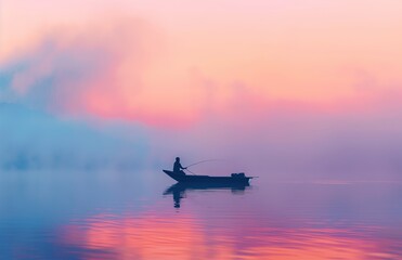 Fishing at dusk on the lake, with the silhouette of a fisherman and boat against a pastel sky, creating a beautiful and peaceful scene