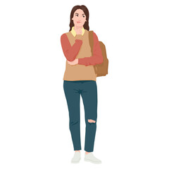 Female student with thoughtful expression dressed in a loose sweater and jeans. Smiling girl with a backpack. Young woman in casual clothing. Vector illustration set isolated on white