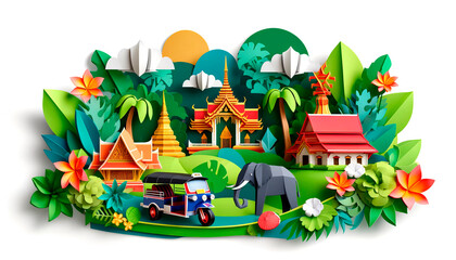 Colorful paper art of Thai landmarks and nature for tourism, travel agencies, and cultural festivals.