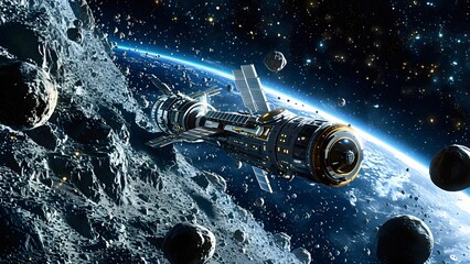 Spaceship on moon realistic image. Cinematic image of spaceship on moon and earth view.