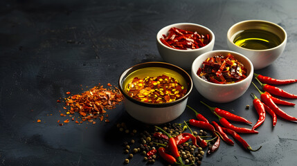 Chili peppers various ingredient fresh hot peppers dry chili flakes spicy oil on dark background copy space Spicy condiment : Generative AI