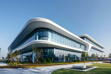 A large building with a curved roof and a lot of windows on the side of it and a grassy area in - obrazy, fototapety, plakaty