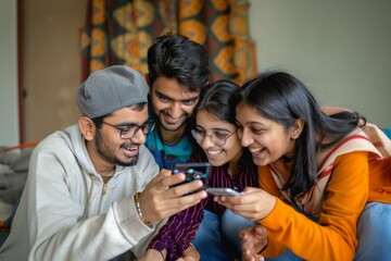 Group of young indian adults playing a mobile game together