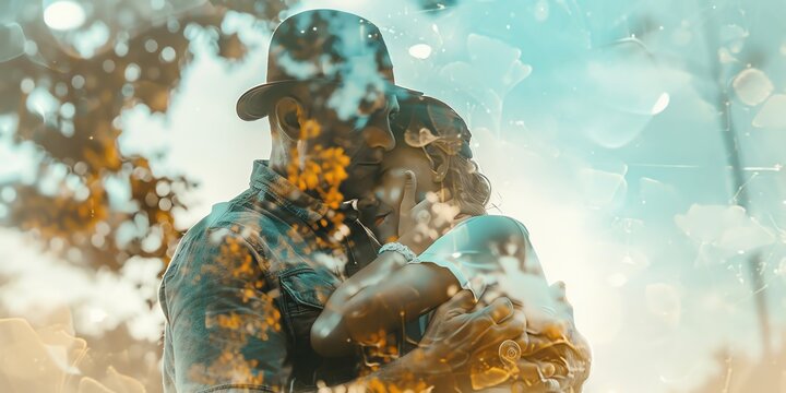 double exposure of a father a police, Fathers Day card image background, fathers day, aspect ratio 2:1