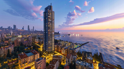 Obraz premium Aerial Beach Cityscape, Skyscrapers Along the Coast, Dynamic Urban Landscape with Waterfront View