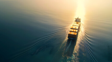 Panoramic aerial view of a industrial cargo container ship traveling over calm open sea with copy space : Generative AI