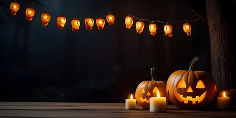 "Halloween Party Invitation: Spooky Mystery Forest with Pumpkin Jack-O'-Lanterns, Burning Candles, and Bats on Wooden Banner - Copy Space for Message, Festive Holiday Celebration Concept