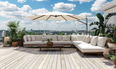 Fototapeta na wymiar deck with white wood flooring, outdoor seating and umbrella for shade, overlooking city view with blue sky and clouds, plants in pots on the side of terrace