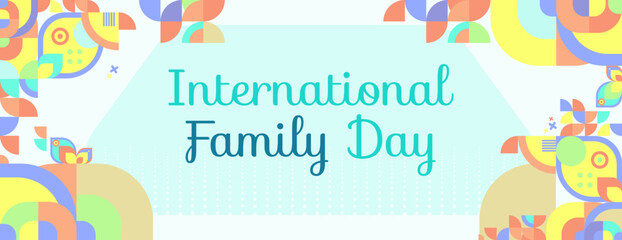 Geometric wide banner for International Family Day. Colorful abstract background for world family day. Happy Family Day greeting card cover with text and empty space for images.