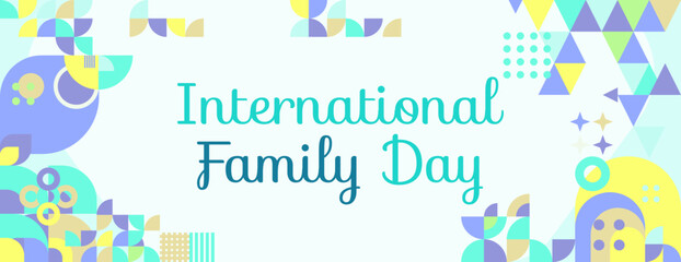 Geometric wide banner for International Family Day. Colorful abstract background for world family day. Happy Family Day greeting card cover with text and empty space for images.