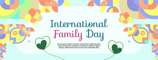 Geometric wide banner for International Family Day. Colorful abstract background for world family day. Happy Family Day greeting card cover with text and empty space for images.