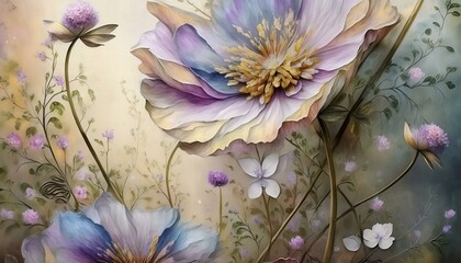 Pastel Dreams: 3D Illustration of Pink and Blue Flowers with Golden Butterfly