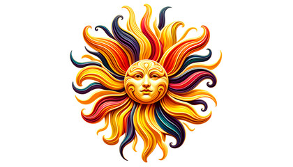 Colorful stylized sun illustration with a vibrant, whimsical face, perfect for artistic and cultural themes