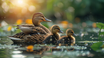 A family of ducks swimming peacefully in a tranquil pond, their reflections mirrored on the water's...