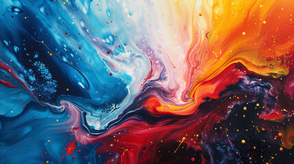 **Bold splashes of paint collide on canvas, forming an abstract background that exudes energy and movement. 