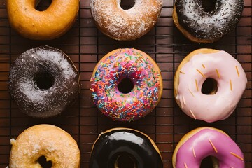 Assorted donuts displayed on kitchen table, tempting pastry delights