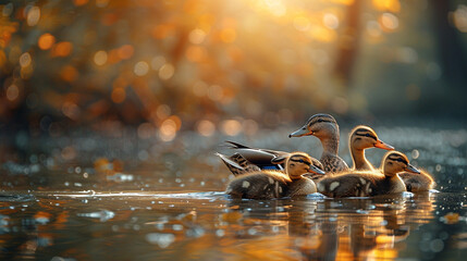 A family of ducks swimming peacefully in a tranquil pond, their reflections mirrored on the water's...