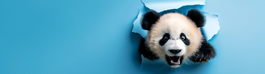 Fototapeta premium Header, banner with cute funny curious panda peeking through torn blue paper background. 