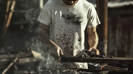 A Tshirt design featuring a blacksmithing scene, each detail captured as a minimalist masterpiece, blending craft and art,  - obrazy, fototapety, plakaty