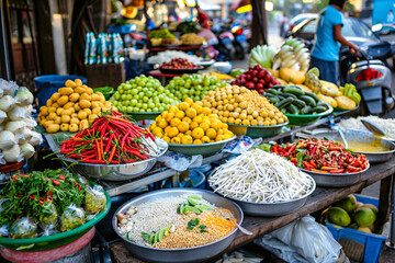 Fototapeta na wymiar A vibrant and colorful scene of a Thai fruit market with an array of fresh fruits and vegetables on display