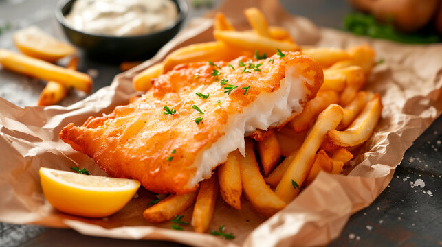 Fried fish with fries and dip