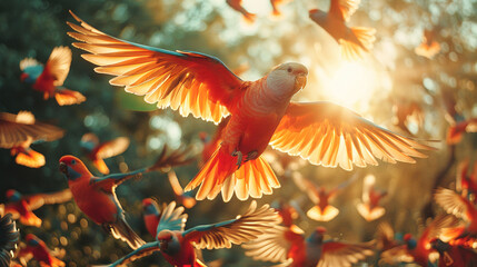 A flock of colorful birds soaring through a bright blue sky, their wings outstretched in the warmth of summer in