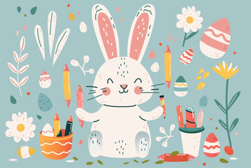 Happy Easter greeting card with rabbit and eggs in pastel colors spring holiday celebration card horizontal