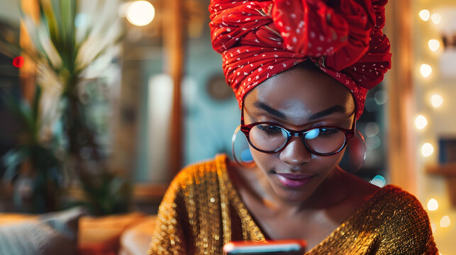 Closeup portrait of positive stylish young black lady in red turban using modern smartphone SMMmanager chatting with clients or posting content working online panorama with copy space : Generative AI - Powered by Adobe