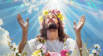 Fototapeta premium Jesus with his hands raised in prayer, blue background, rays of light shining from the sky and white cross on top