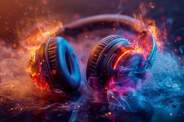 Stunning visual of headphones surrounded by vibrant flames and mystical smoke, glowing in vivid colors