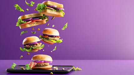 Concept of online food delivery with copy space Flying sandwiches from a smartphone on a purple background : Generative AI
