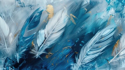 abstract art background. illustration of feathers, blues and gold. A textured background on canvas. Modern art. 