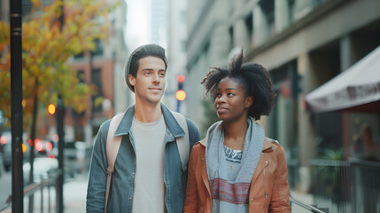 A diverse biracial couple walks in a city on vacation with copy space the couple strolls down the street suggesting travel or urban exploration : Generative AI