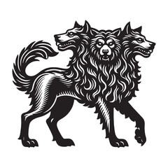 Mythical three-headed wolf. Cerberus. Vintage retro engraving illustration. Black icon, isolated element	, Emblem, logo, coat of arms.