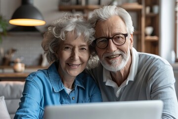 A happy senior couple sits together at a laptop, looking into the camera and smiling, websurfing on internet with laptop at home and studying the laptop screen intently