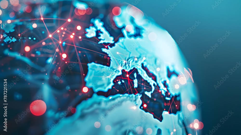 Fototapete Communication technology with global internet network connected in Europe Telecommunication and data transfer european connection links IoT finance business blockchain security : Generative AI