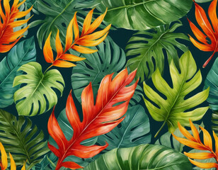 Fototapeta na wymiar Paint drawing of large tropical leaves close-up