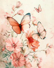 Vintage Floral Butterflies Background in Distressed Grunge Style