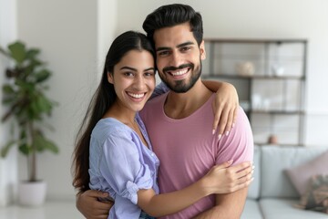 Fototapeta premium A happy man in his thirties wearing a purple shirt is being held by his wife and the woman he loves, people in love smiling with closed eyes tender man touching his attractive girlfriend