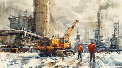 Urban Industrial Landscape with Machinery and Workers - obrazy, fototapety, plakaty